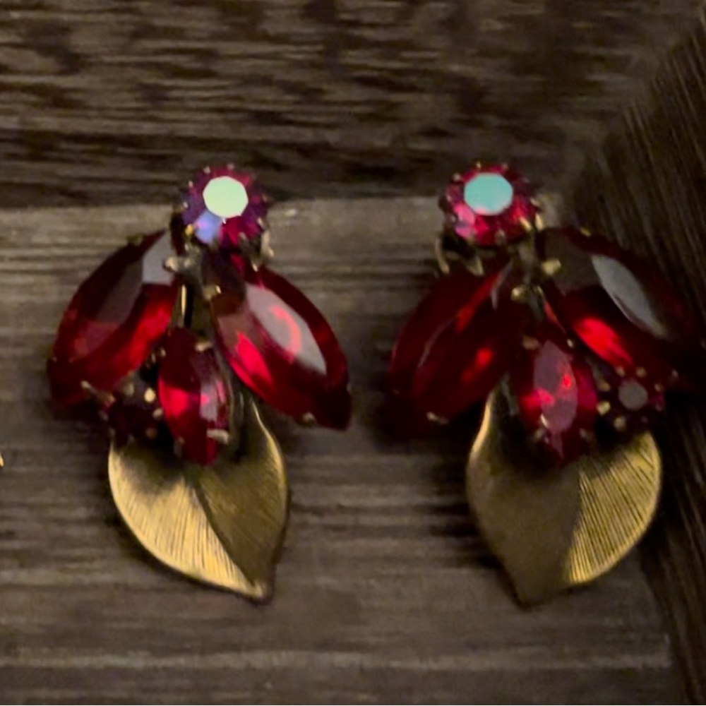 True Vintage Juliana Earrings Ruby Red Marquis Golden Leaves Feminine Mystery